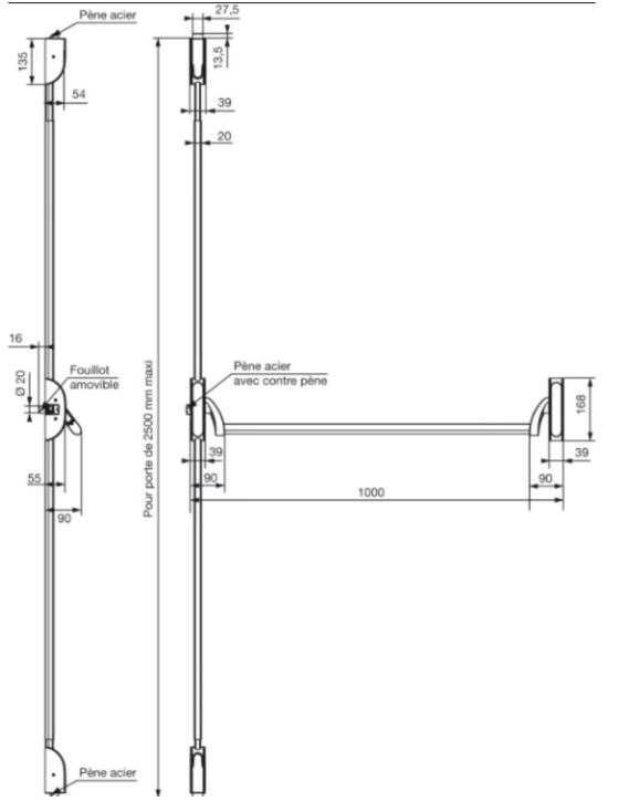 Fermeture antipanique Cross-bar longueur 1000 mm CFPF VACHETTE 18367000 – Image 2